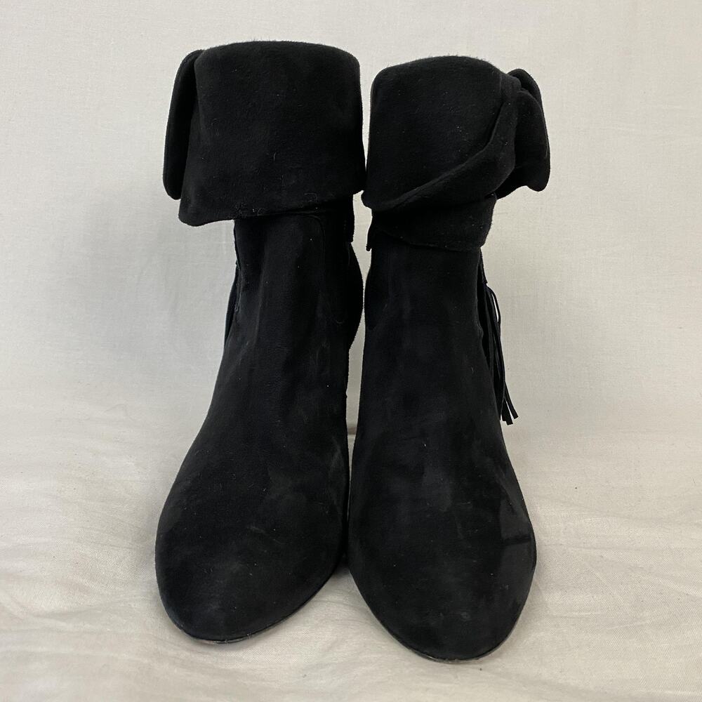 Johnston & Murphy Boots Womens 7.5 Black Suede Fringe Ankle Heel Booties Western - Picture 2 of 12